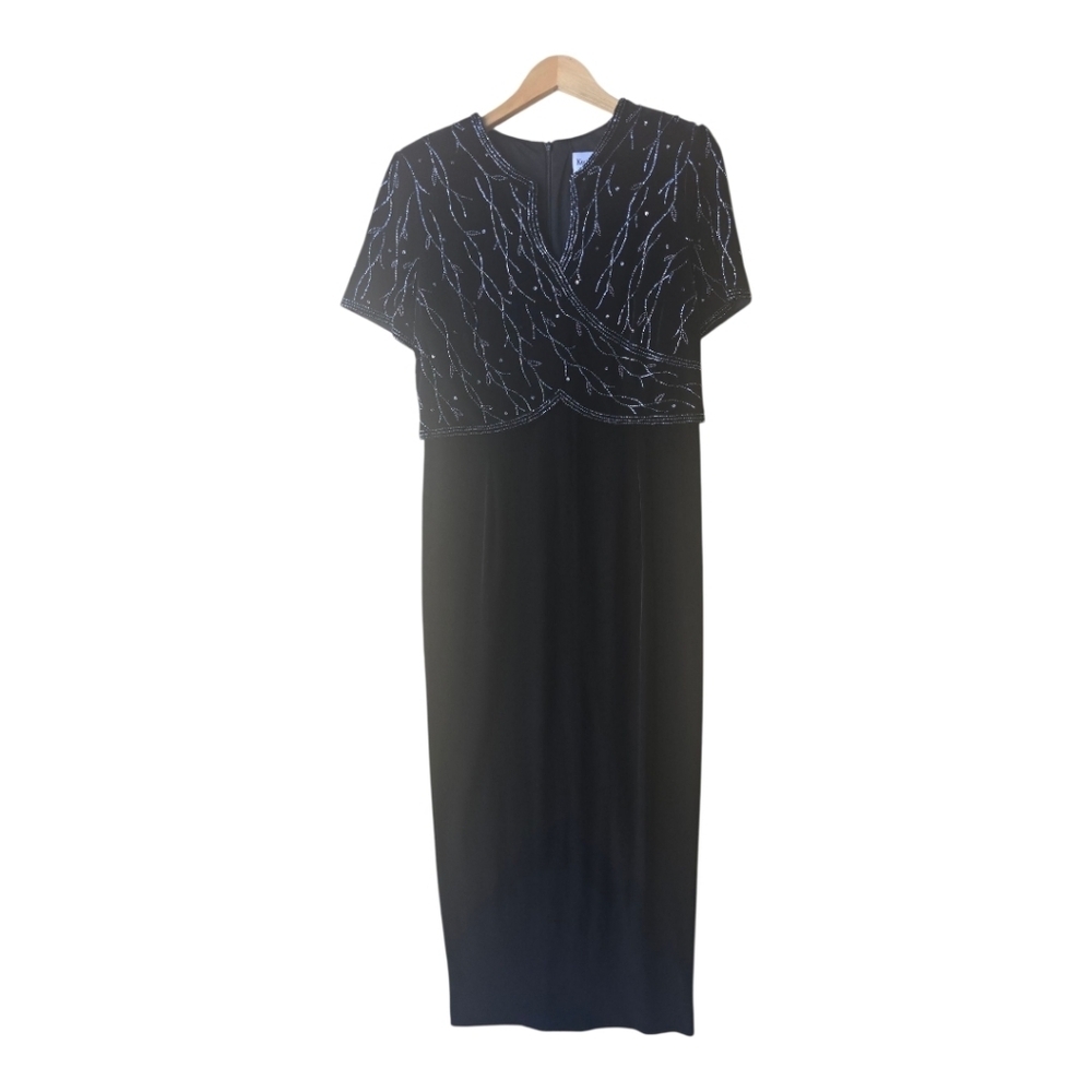 VTG Karen Miller Velvety Embroidered Long Dress Sz 14 Women Black Padded Witchy